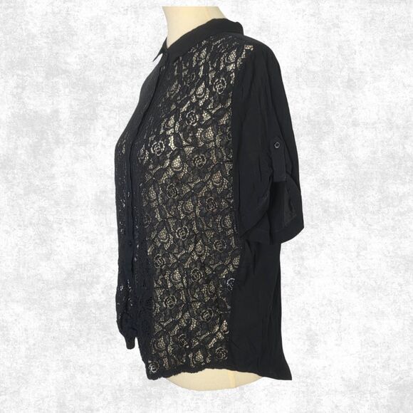 Black Lace Button-Up Blouse  Floral Sheer Size L โ Gothcore / Dark Academia - Picture 5 of 6